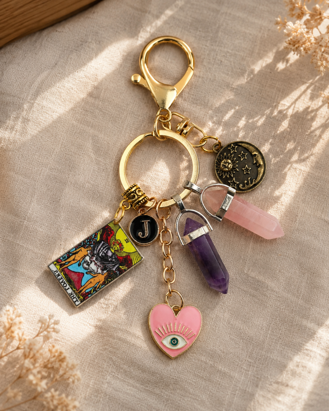 Tarot Crystal Keychain - The Lovers / The Empress / The High Priestess - Rose Quartz Love Charm