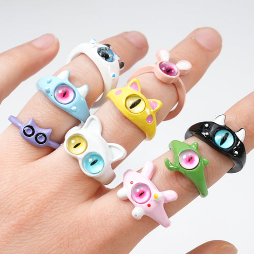 5-Piece Y2K Monster Eye Ring Set - Quirky Kawaii Chunky Jewelry for Women & Teens