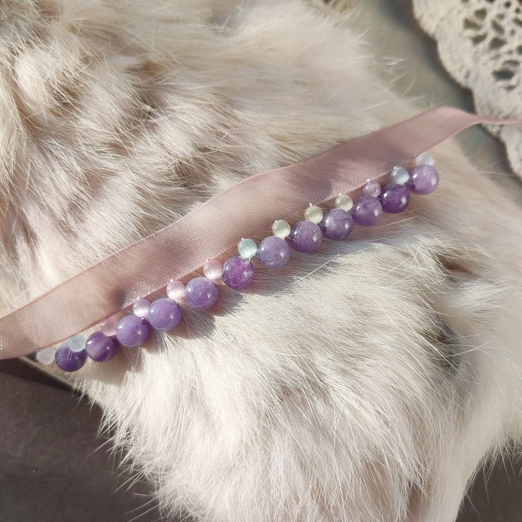 Cat Amethyst Ribbon Collar, Elegant Feline Necklace, Sparkling Crystal Pet Neckband, Soft Adjustable & Safe