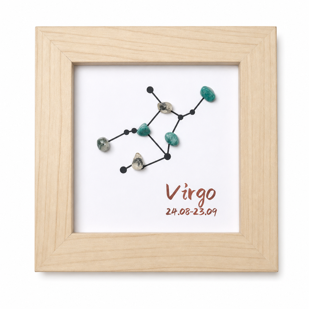 Virgo Constellation Crystal Shadow Box Frame, Natural Gemstone Zodiac Sign Wall & Table Decor, Zodiac Birthday Gift