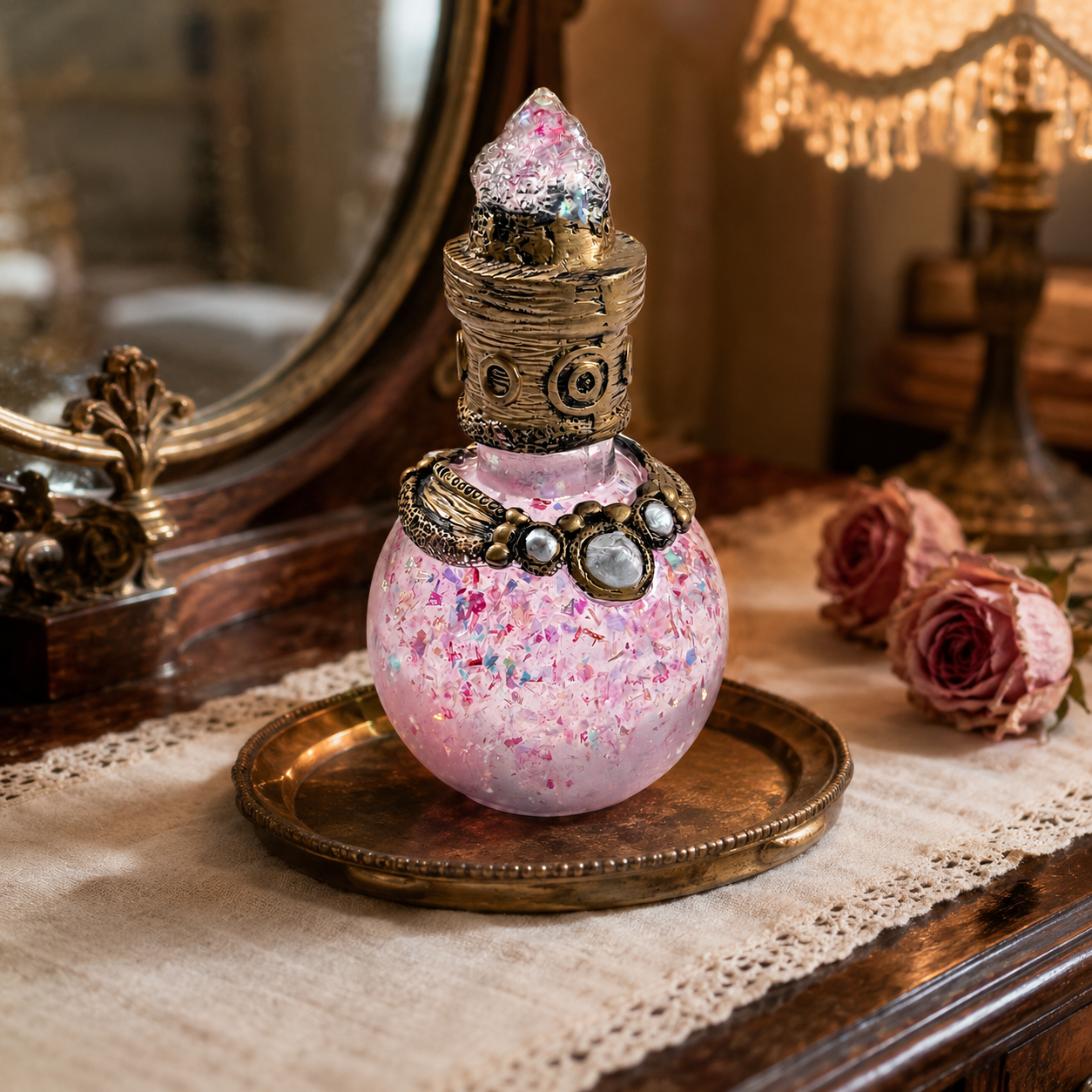 Vintage Decorative Potion Bottle, Empty Ornate Glass Perfume Vial with Crystal Cluster Top, Witchy Altar Decor, Spiritual Gift