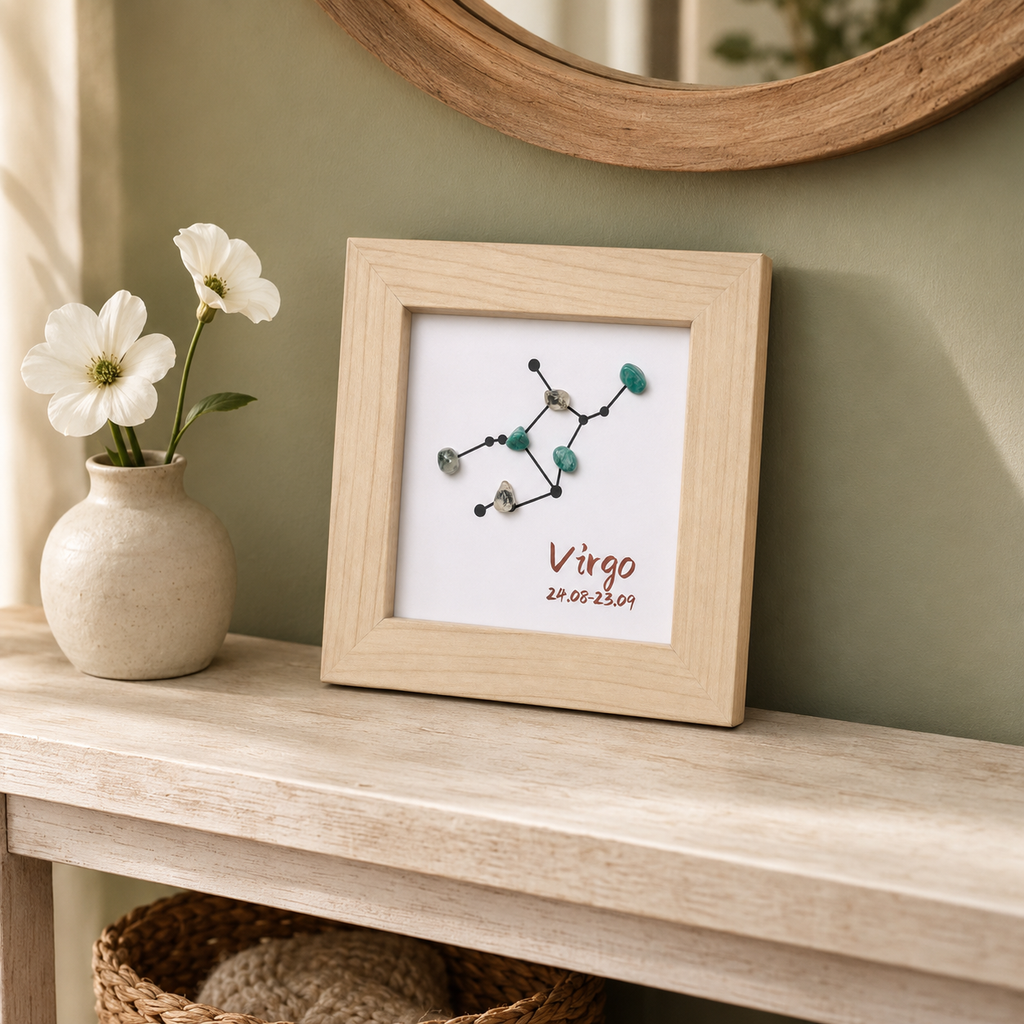 Virgo Constellation Crystal Shadow Box Frame, Natural Gemstone Zodiac Sign Wall & Table Decor, Zodiac Birthday Gift