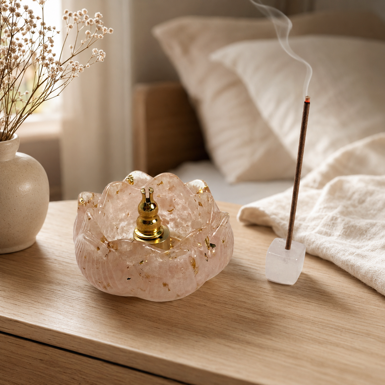 Lotus Shape Incense Burner, Resin Mixed Amethyst Chips Incense Holder, Stick & Cone Incense Censer, Meditation Aromatherapy Decor With Premium Gift Box