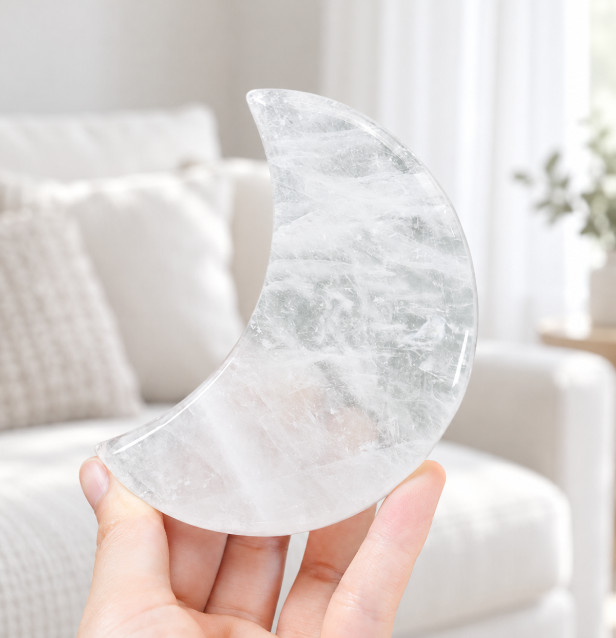 Clear Quartz Crescent Moon Crystal Carving | Polished Moon Palm Stone for Amplifying Energy, Meditation & Celestial Home Decor | Spiritual Manifestation Gift