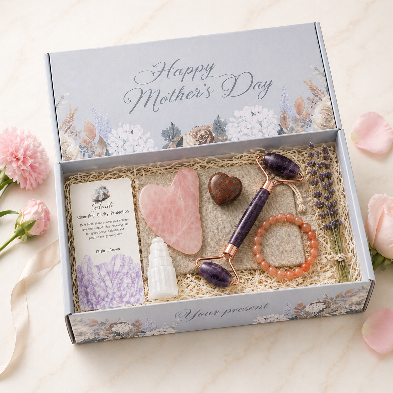 Mother’s Day Crystal Self-Care Gift Box – Rose Quartz Gua Sha & Amethyst Roller Set
