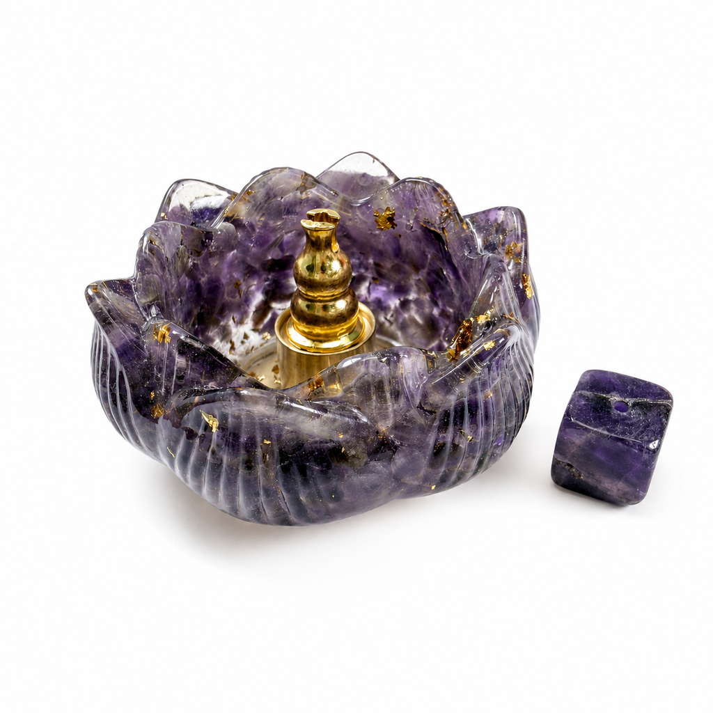 Lotus Shape Incense Burner, Resin Mixed Amethyst Chips Incense Holder, Stick & Cone Incense Censer, Meditation Aromatherapy Decor With Premium Gift Box