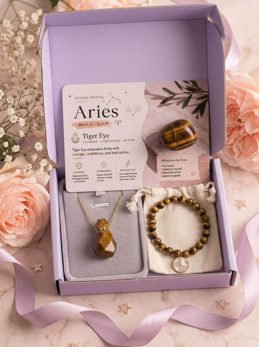 Zodiac Crystal Jewelry Gift Set | Matching Bracelet & Perfume Bottle Necklace, 12 Star Signs Available