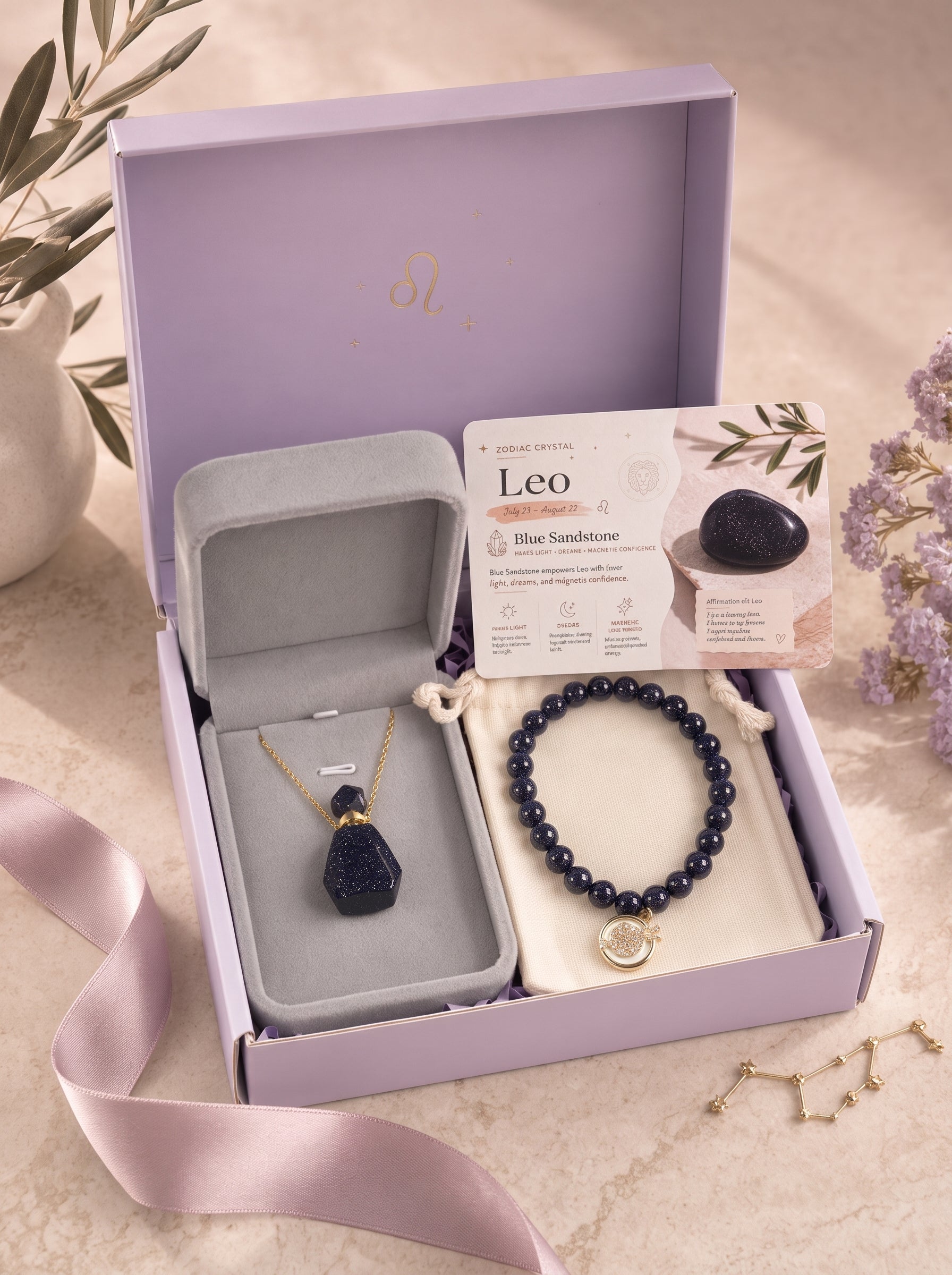 Zodiac Crystal Jewelry Gift Set | Matching Bracelet & Perfume Bottle Necklace, 12 Star Signs Available