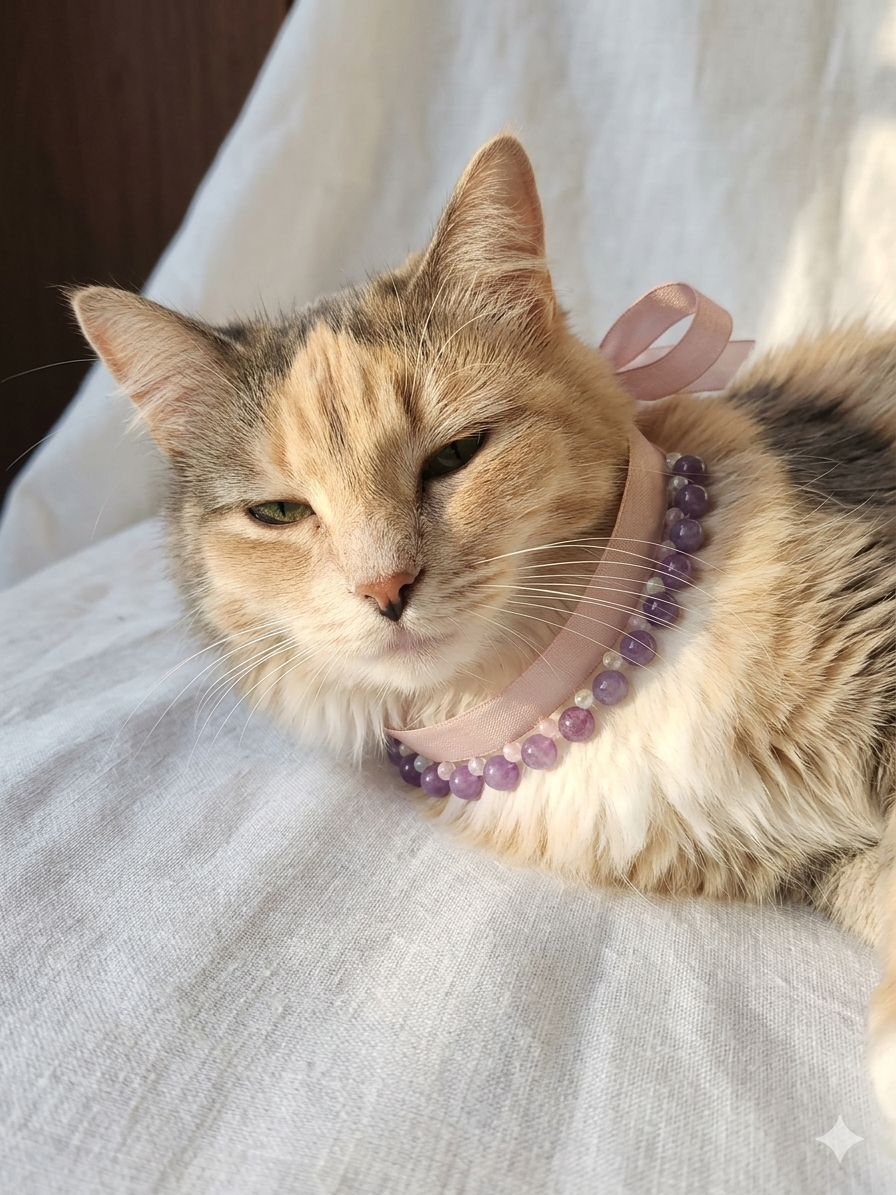 Cat Amethyst Ribbon Collar, Elegant Feline Necklace, Sparkling Crystal Pet Neckband, Soft Adjustable & Safe
