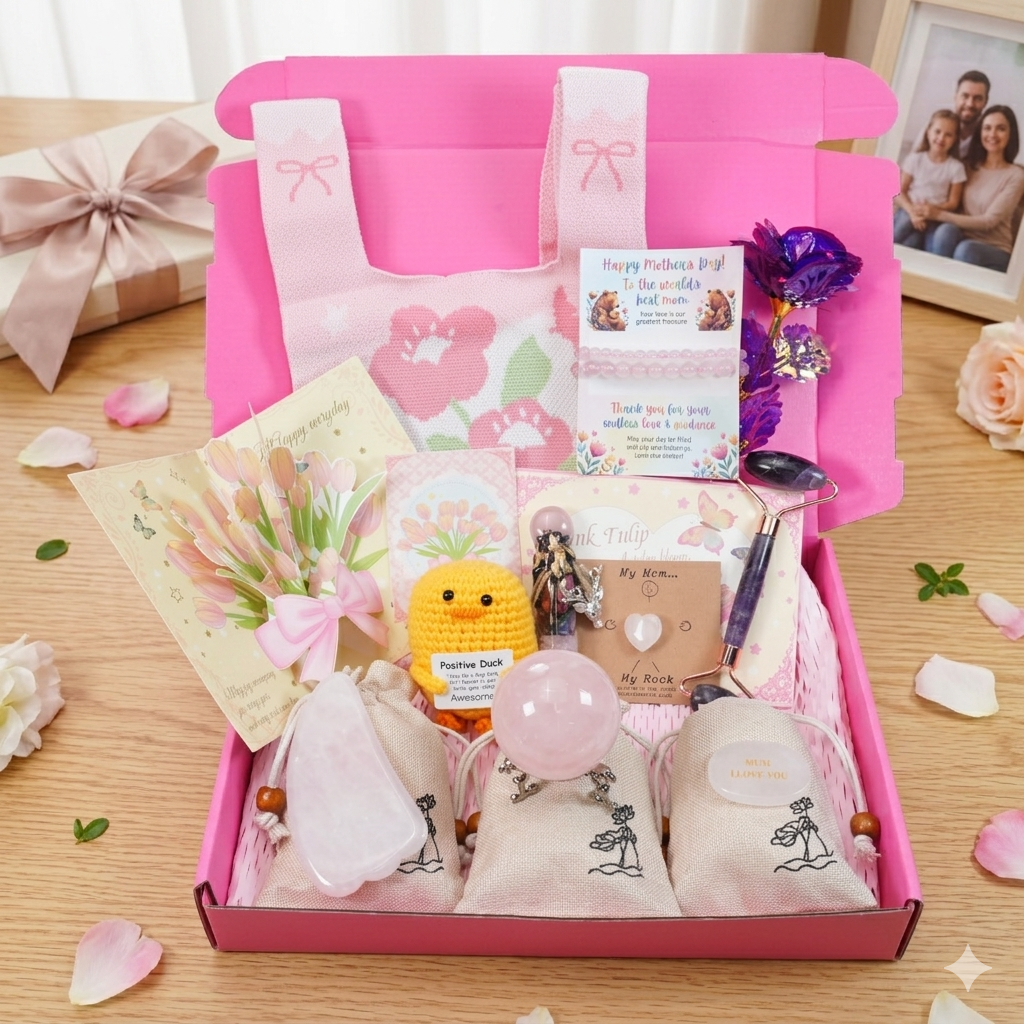 Mother’s Day Crystal Gift Set - Healing Rose Quartz & Amethyst Spa Box, Spiritual Wellness Gift for Mom, Grandma, Wife