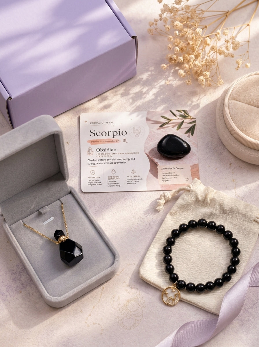 Zodiac Crystal Jewelry Gift Set | Matching Bracelet & Perfume Bottle Necklace, 12 Star Signs Available