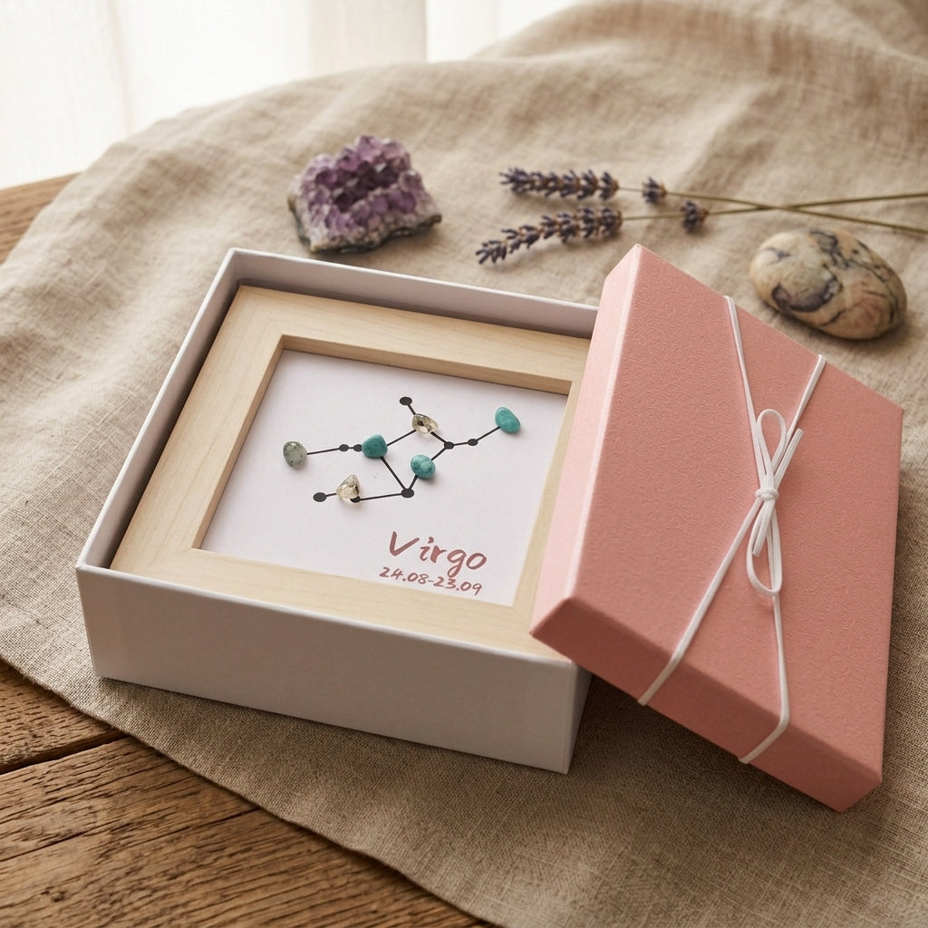 Virgo Constellation Crystal Shadow Box Frame, Natural Gemstone Zodiac Sign Wall & Table Decor, Zodiac Birthday Gift