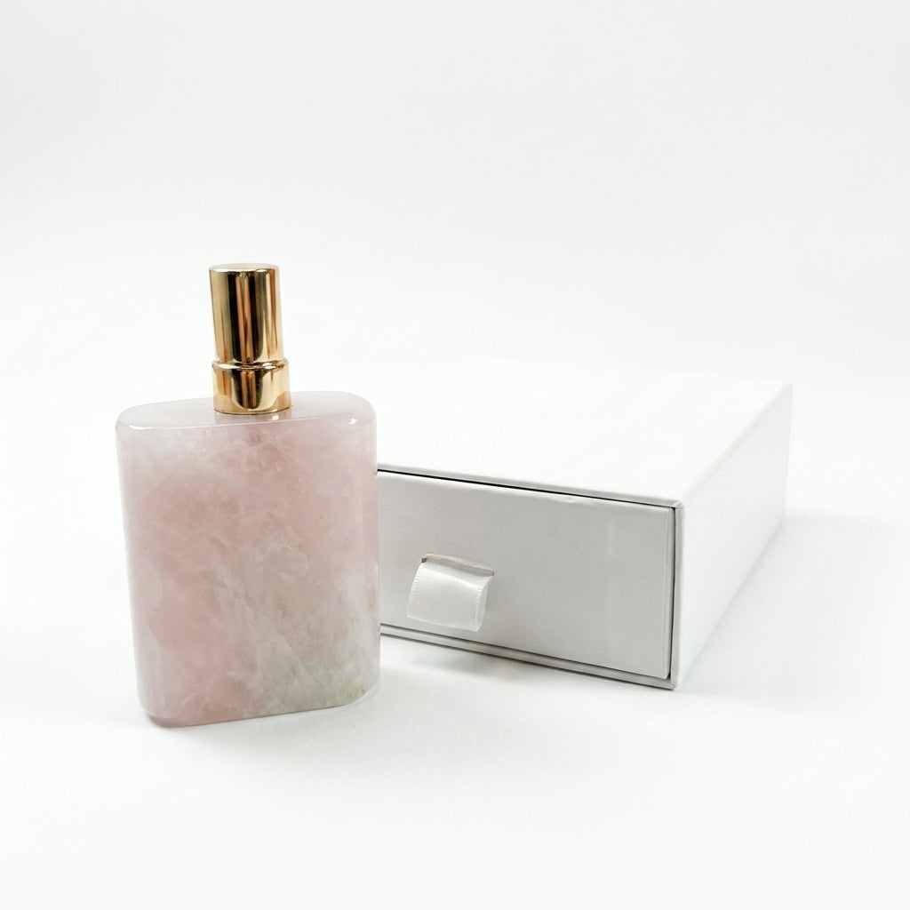Natural Rose Quartz Perfume Bottle, Empty Gemstone Refillable Spray Bottle with Gift Box, Crystal Perfume Container for Essential Oil Home Decor Gift
