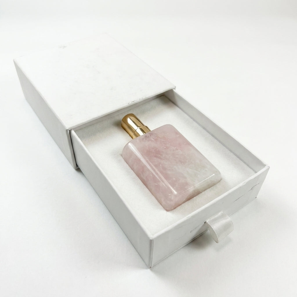 Natural Rose Quartz Perfume Bottle, Empty Gemstone Refillable Spray Bottle with Gift Box, Crystal Perfume Container for Essential Oil Home Decor Gift