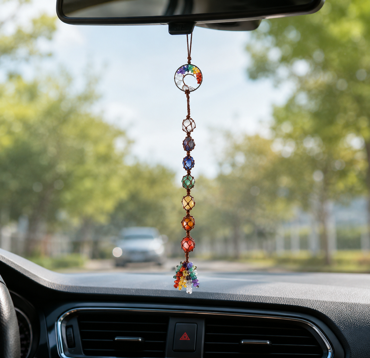 7 Chakra Tree of Life Car Hanging Ornament, Natural Raw Crystal Stones Chakra Wall Hanger, Rainbow Healing Crystal Rear View Mirror Charm for Home & Auto Decor