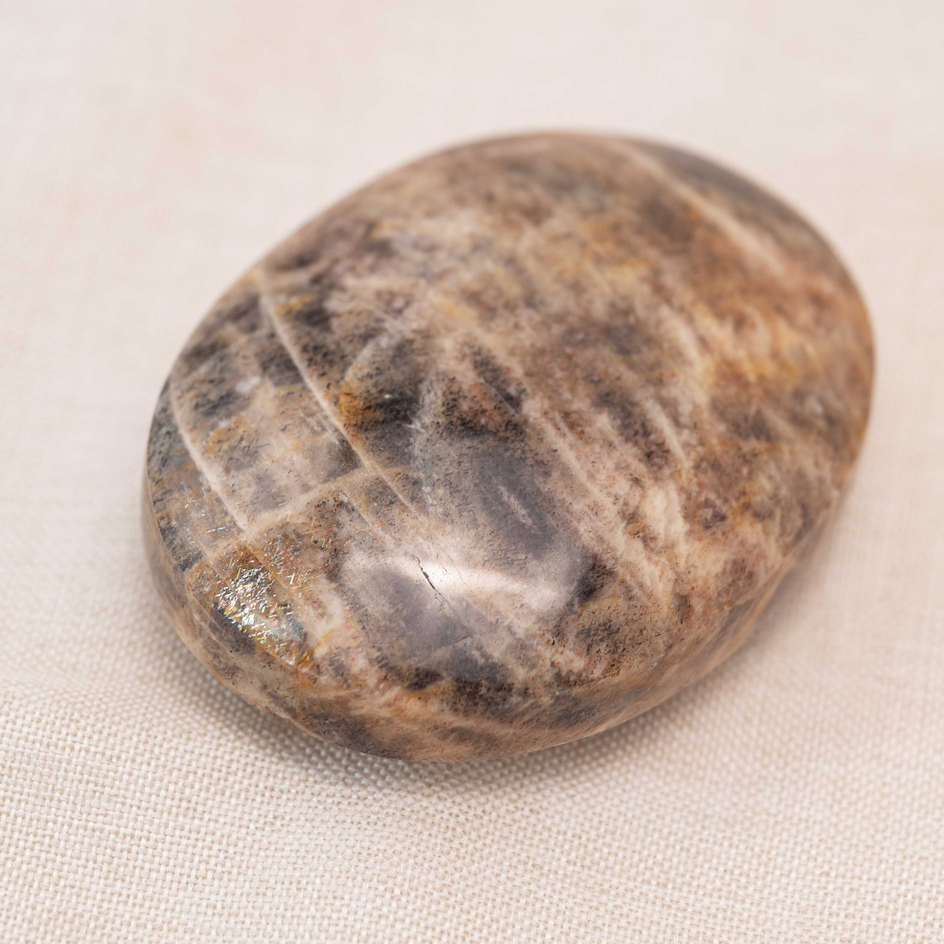 Black Moonstone Palmstone with a velvety texture and subtle sparkle