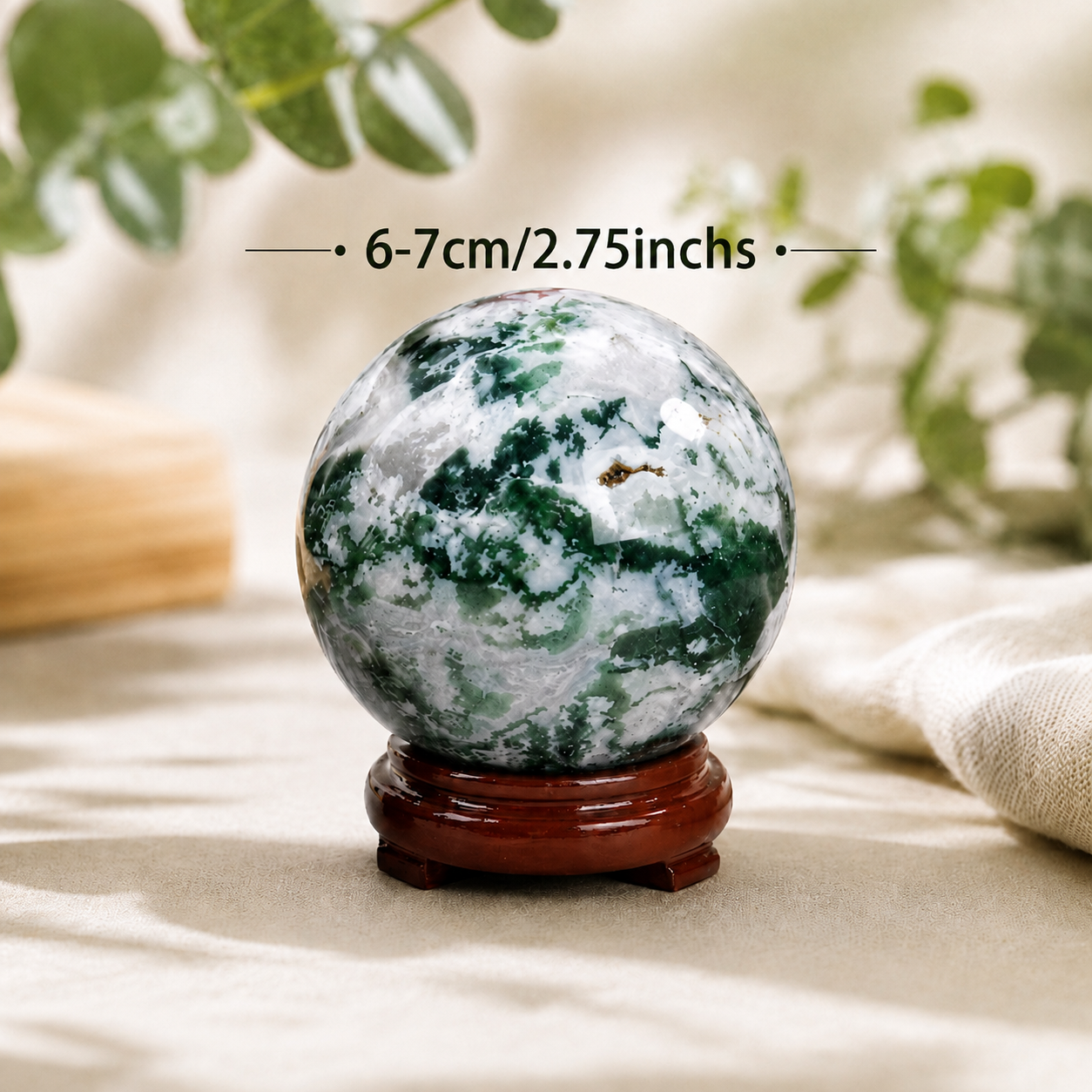 Natural Moss Agate Sphere 6‑7cm, Polished Green Moss Agate Crystal Ball for Home Decor, Meditation & Crystal Collection