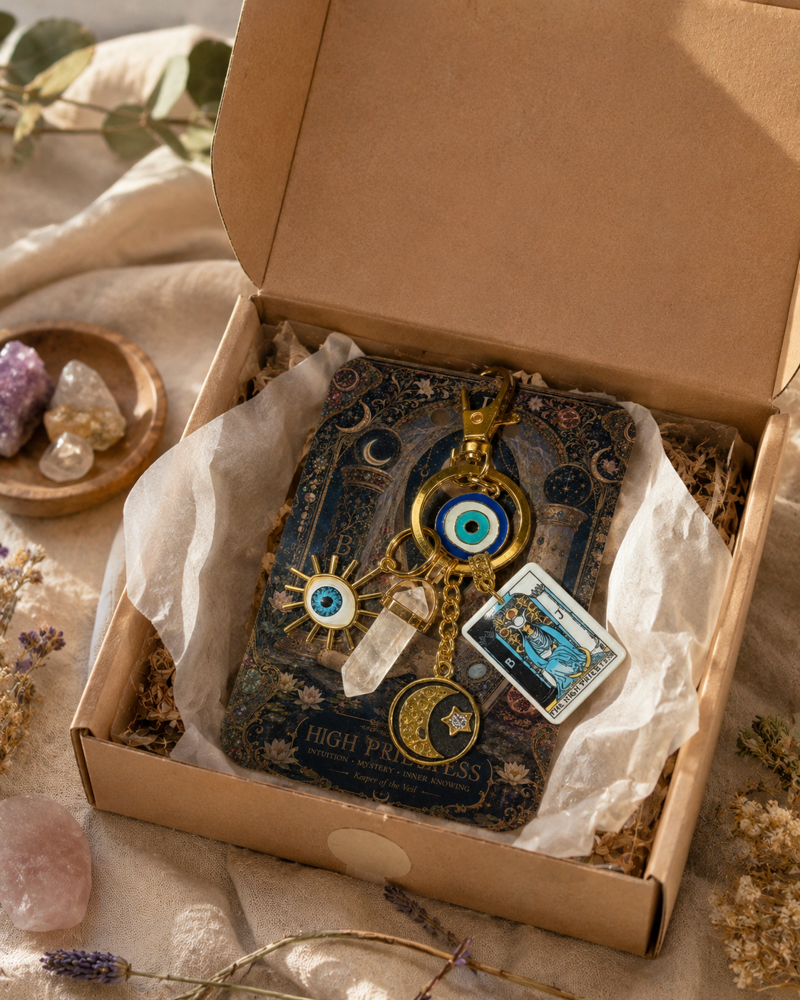 Tarot Crystal Keychain - The Lovers / The Empress / The High Priestess - Rose Quartz Love Charm