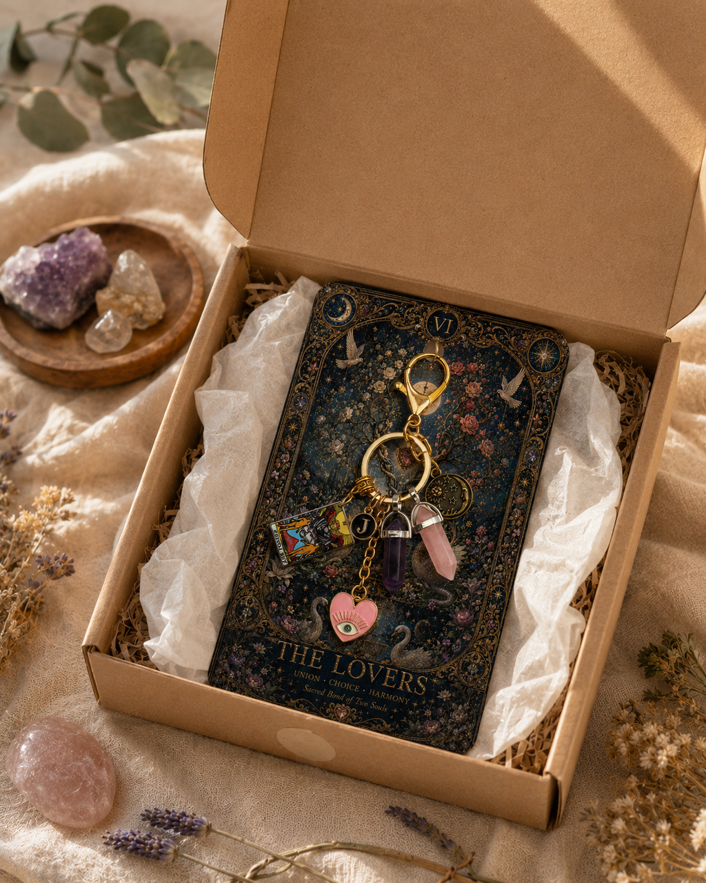 Tarot Crystal Keychain - The Lovers / The Empress / The High Priestess - Rose Quartz Love Charm