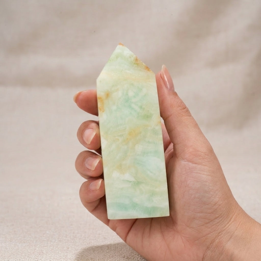 Natural Caribbean Calcite Obelisk Tower, Banded Green Calcite Crystal Point Wand for Home Decor, Chakra Healing & Crystal Collection