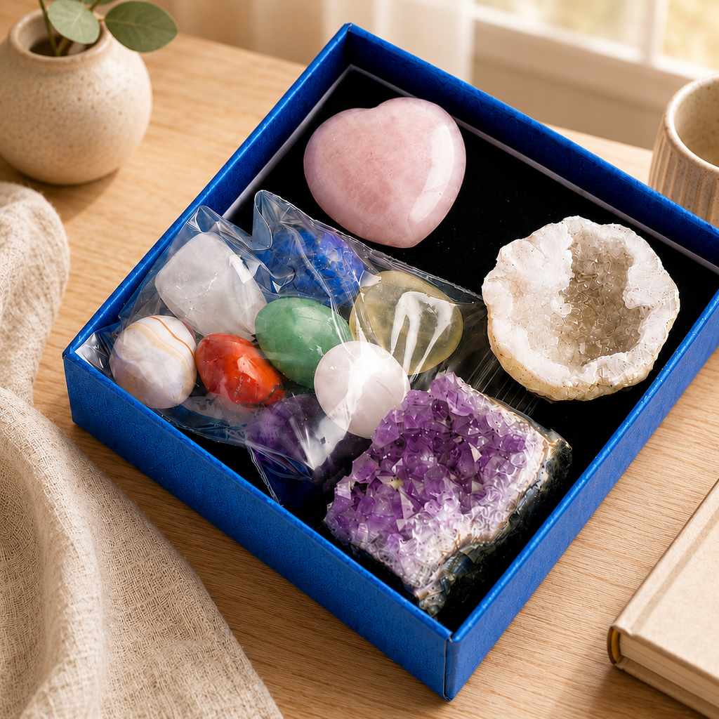 Natural Healing Crystal Gift Box Kit, Rose Quartz Heart Palm Stone, Amethyst Cluster, Clear Quartz Geode Agate, 7 Chakra Polished Tumbled Stones Set For Meditation, Home Desk Decor, Valentine’s Day Jewelry Making Gift
