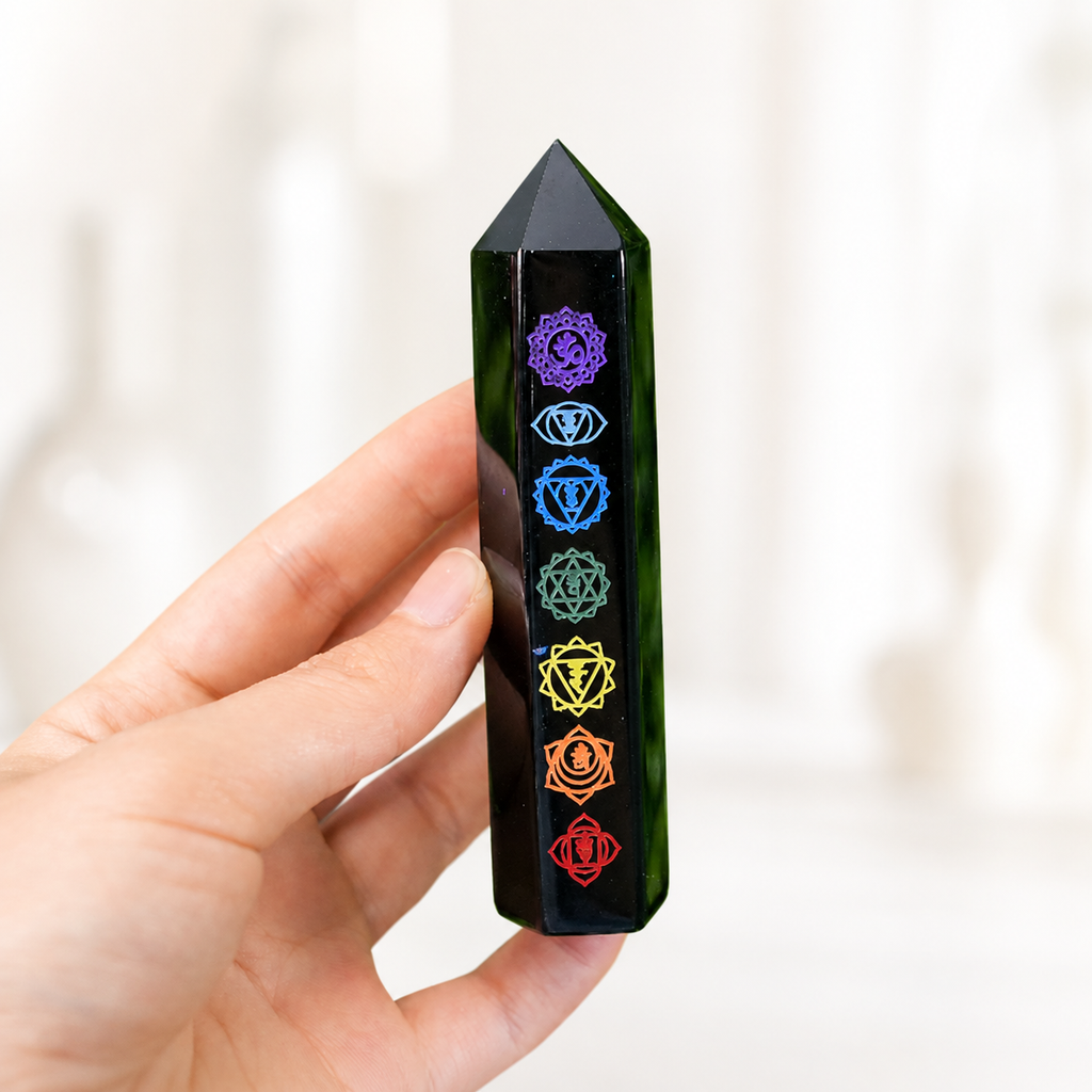 Black Obsidian 7 Chakra Crystal Wand | Engraved Energy Healing Obelisk for Reiki & Meditation