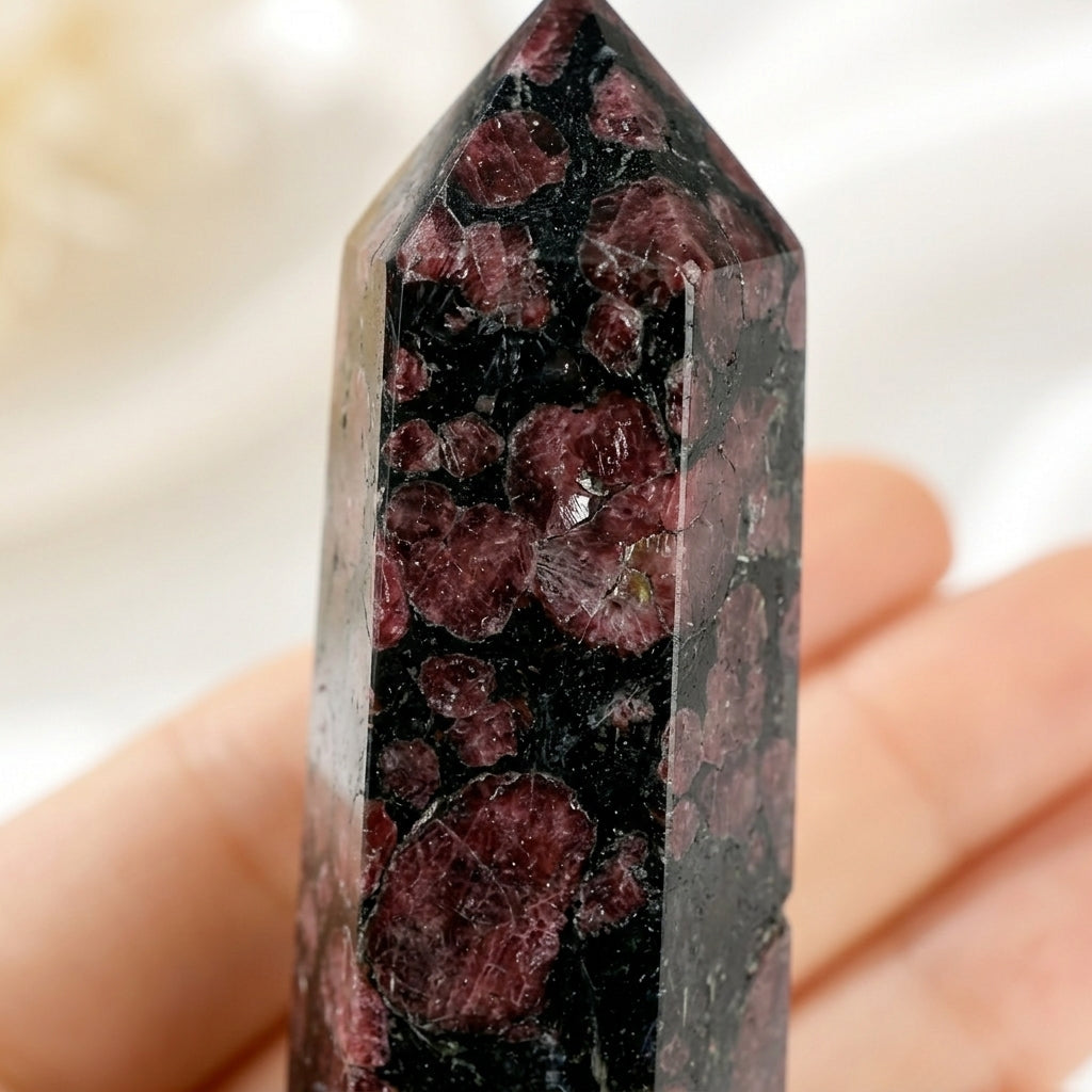 Garnet in Black Matrix Crystal Tower | Polished Obelisk Point for Grounding & Passion
