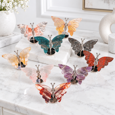 Natural Crystal Butterfly Figurine with Metal Stand | Hand‑Polished Gemstone Butterfly Decor Ornament