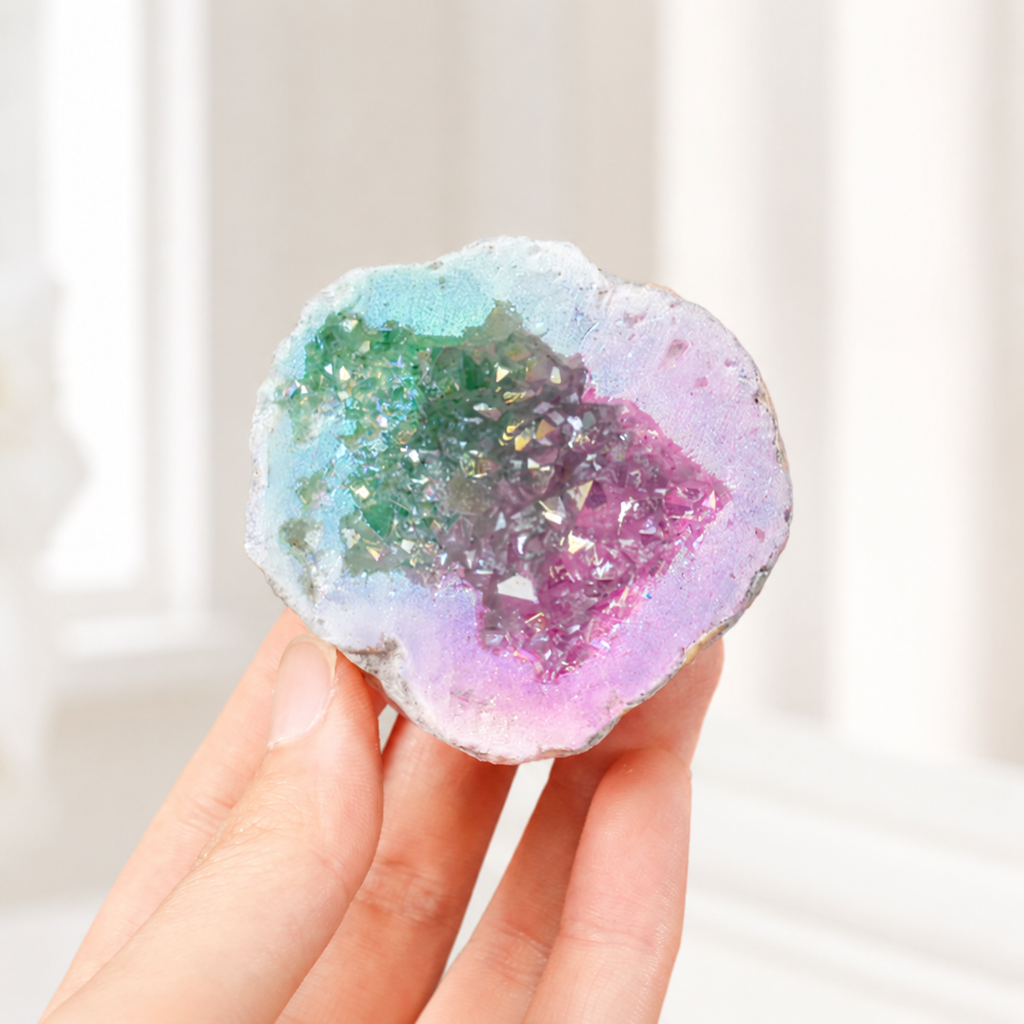 Rainbow Aura Electroplated Agate Geode Cluster | Natural Aura Agate Druzy Crystal for Home Decor & Energy Healing