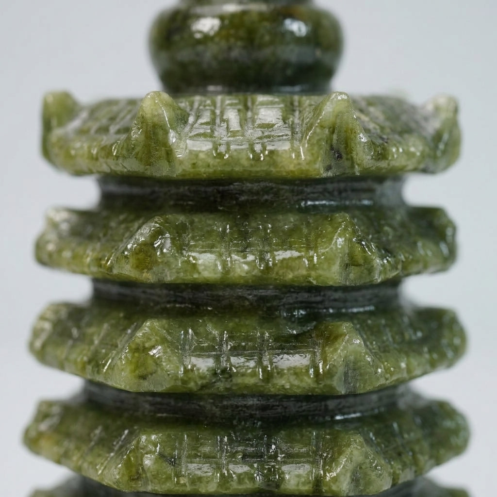 Green Jade 9-Level Wen Chang Pagoda Statue - Feng Shui Tower for Academic Success & Career Luck, 5.3" (13.5cm) Hand-Carved Crystal Figurine