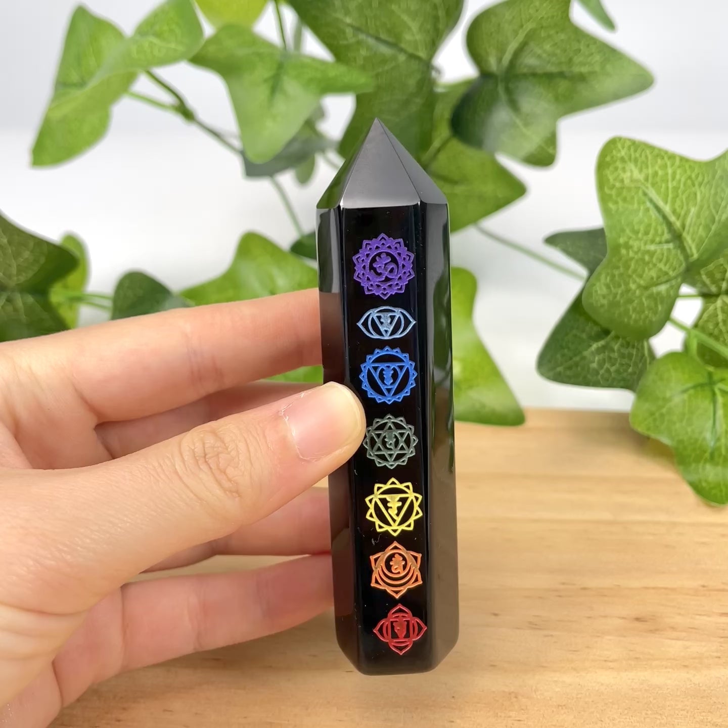 Black Obsidian 7 Chakra Crystal Wand | Engraved Energy Healing Obelisk for Reiki & Meditation
