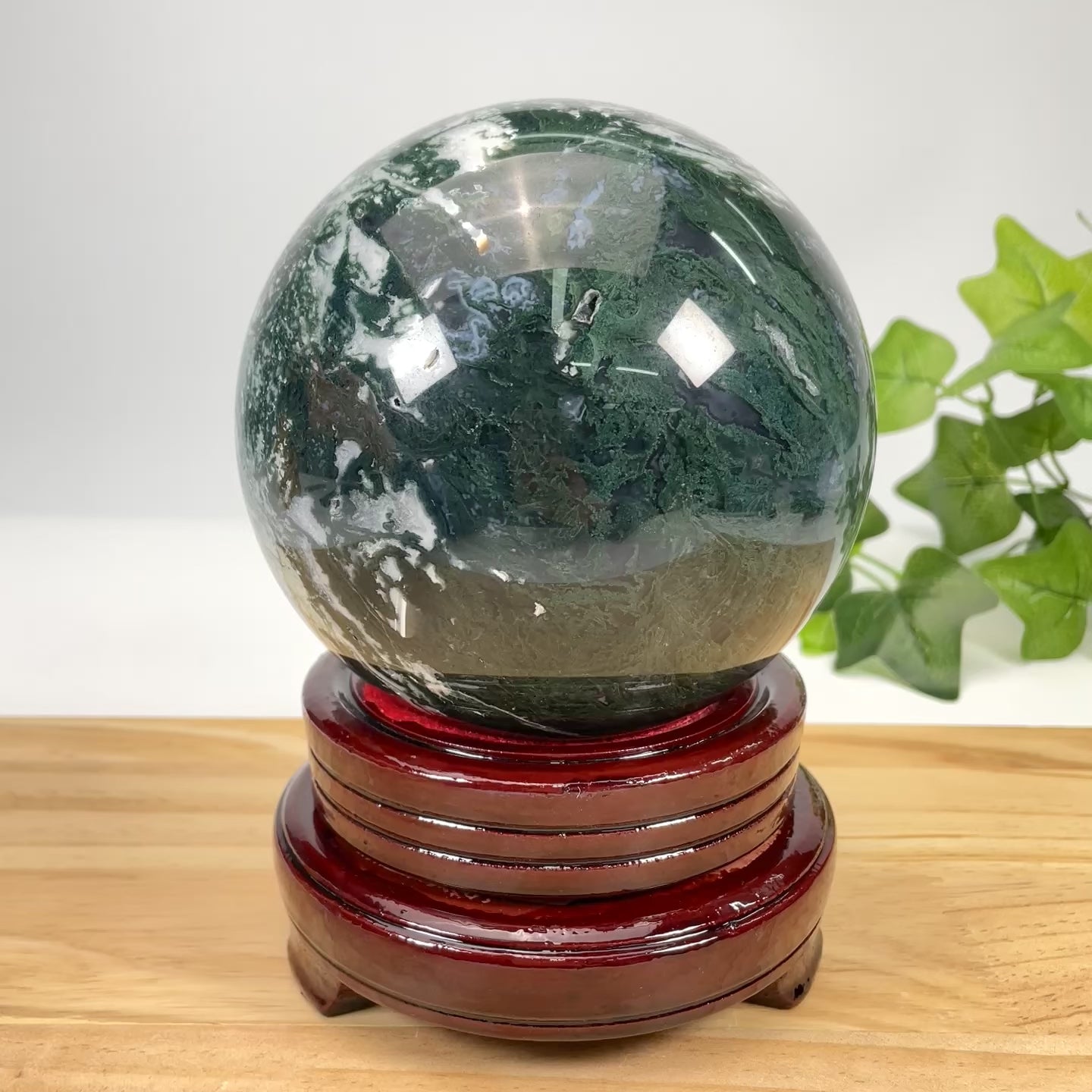 Moss Agate Sphere with Wooden Stand | Healing Crystal Sphere for Growth & Abundance