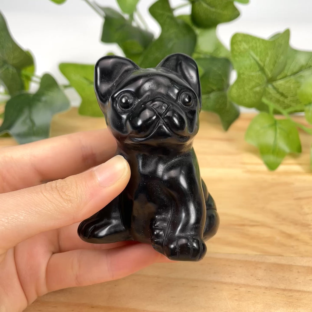 Black Obsidian French Bulldog Carving | Natural Crystal Protection Figurine