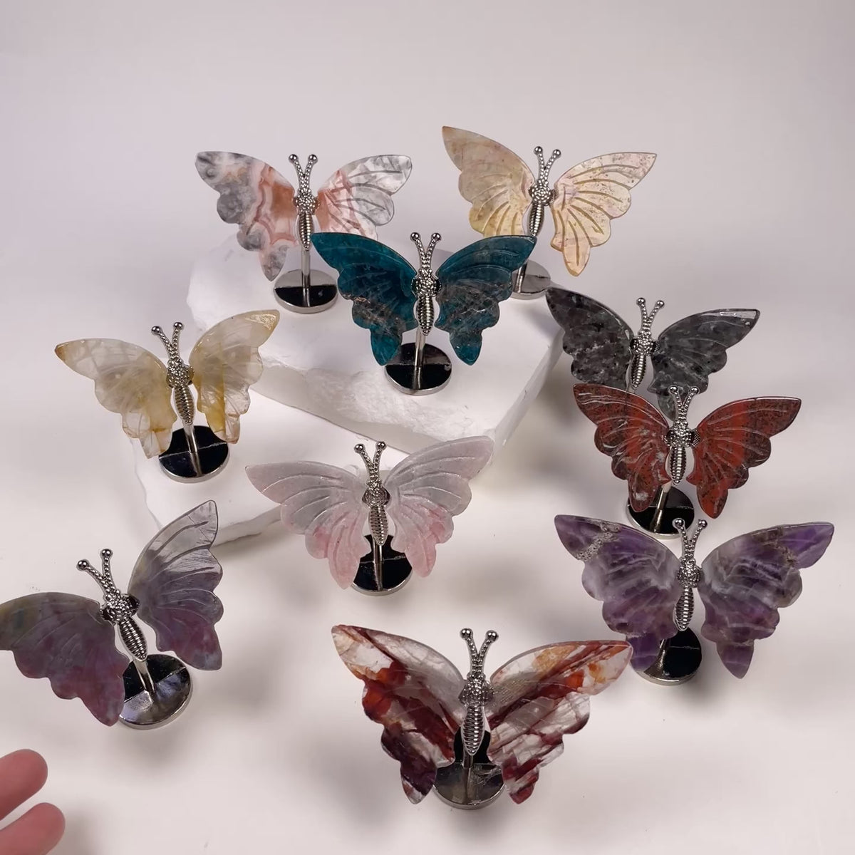 Natural Crystal Butterfly Figurine with Metal Stand | Hand‑Polished Gemstone Butterfly Decor Ornament