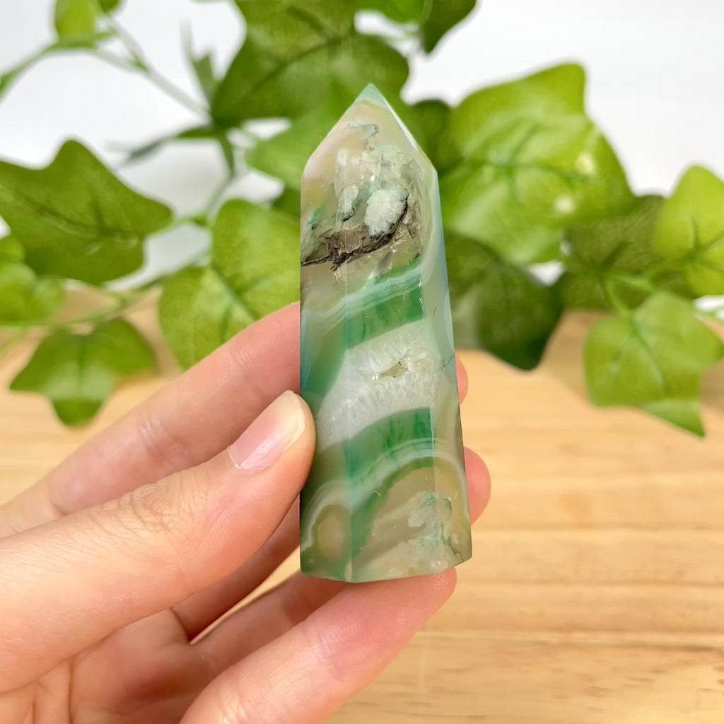 Green Flower Agate Crystal Point Tower, Natural Flower Agate Obelisk for Home Decor & Energy Healing