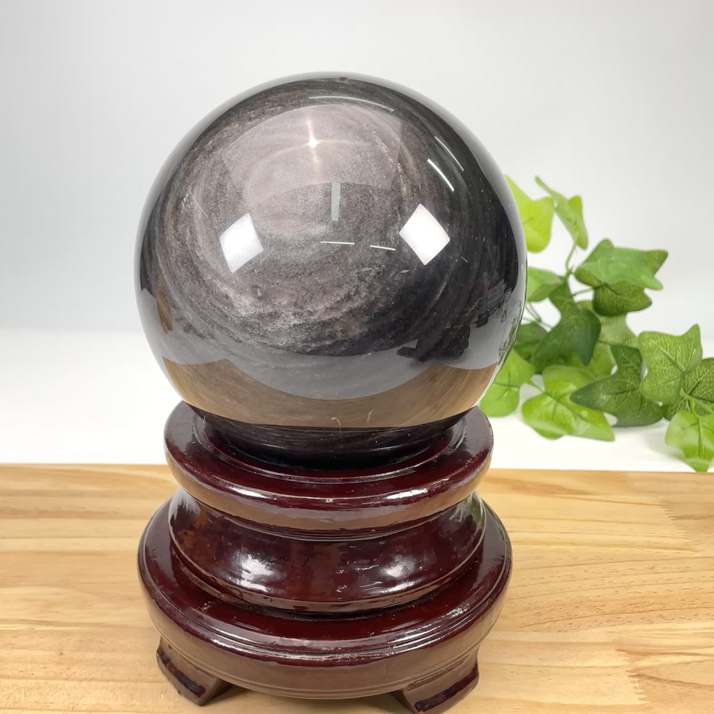 Silver Obsidian Crystal Sphere with Wooden Stand | Healing Crystal for Home Protection