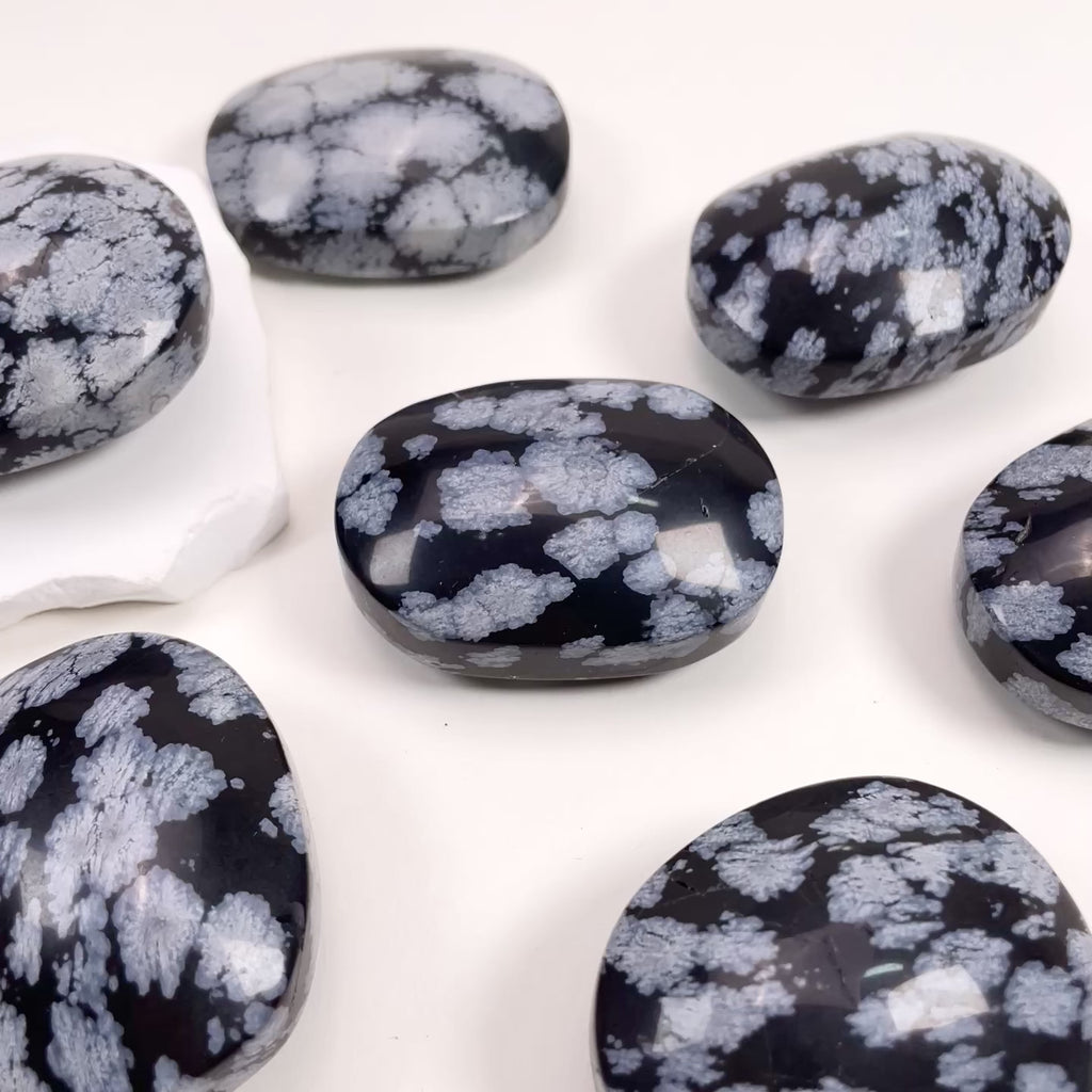 Snowflake Obsidian Palm Stone | Natural Polished Snowflake Obsidian Tumbled Pocket Stone For Meditation & Home Decor