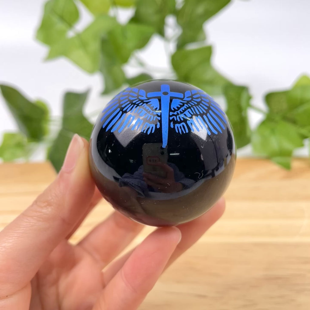 Obsidian Sphere with Angel Wings & Cross Engraving | Natural Black Obsidian Crystal Ball for Protection, Meditation & Home Decor