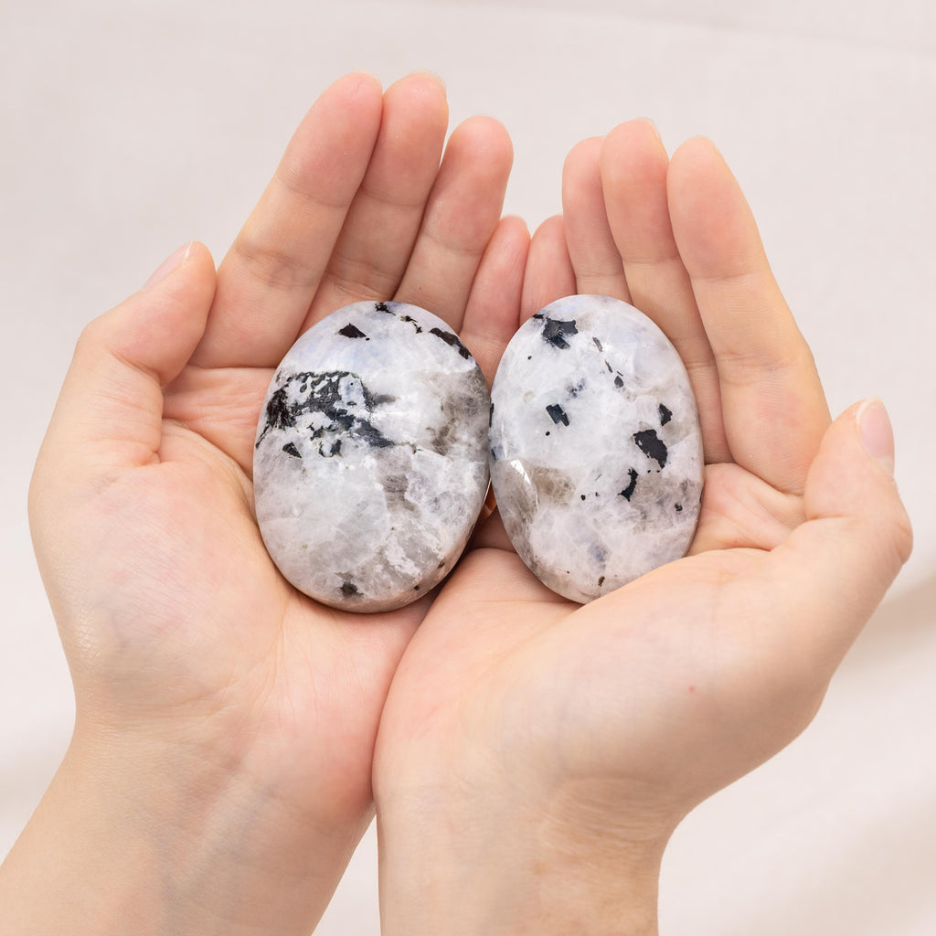 Rainbow Moonstone Palm Stone showcasing stunning blue and white flashes